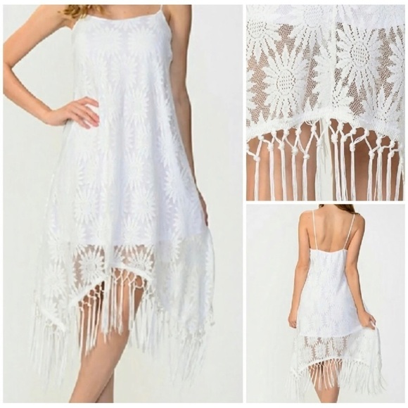 Moon Sz S White Floral Lace Asymmetrical Fringed Slip Dress Cover Up NWT NEW - Picture 1 of 8